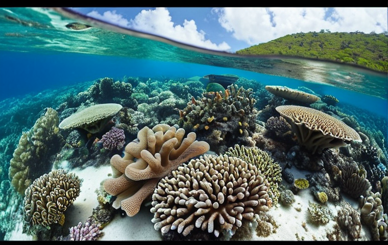 **Coral Reef Conservation:** "Vibrant coral reef restoration project in Haiti, showcasing diverse marine life and local community involvement. Clear water, healthy corals, happy people."