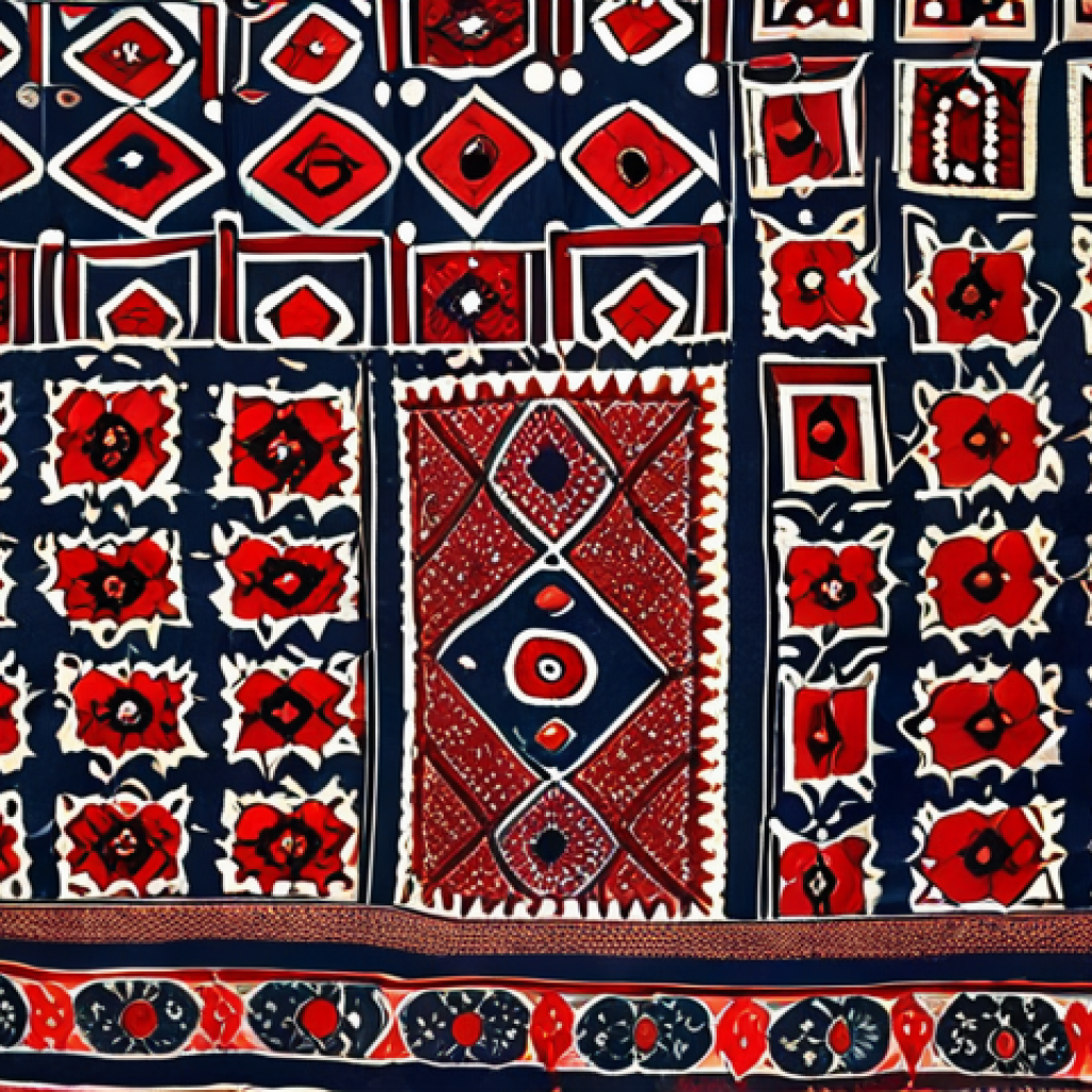 **
* **Prompt:** Ajrak shawl, traditional Sindhi block-printed fabric with natural dyes, geometric patterns, close-up on detailed design.
**