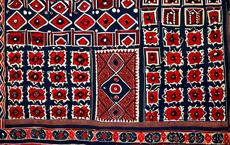 **
* **Prompt:** Ajrak shawl, traditional Sindhi block-printed fabric with natural dyes, geometric patterns, close-up on detailed design.
**