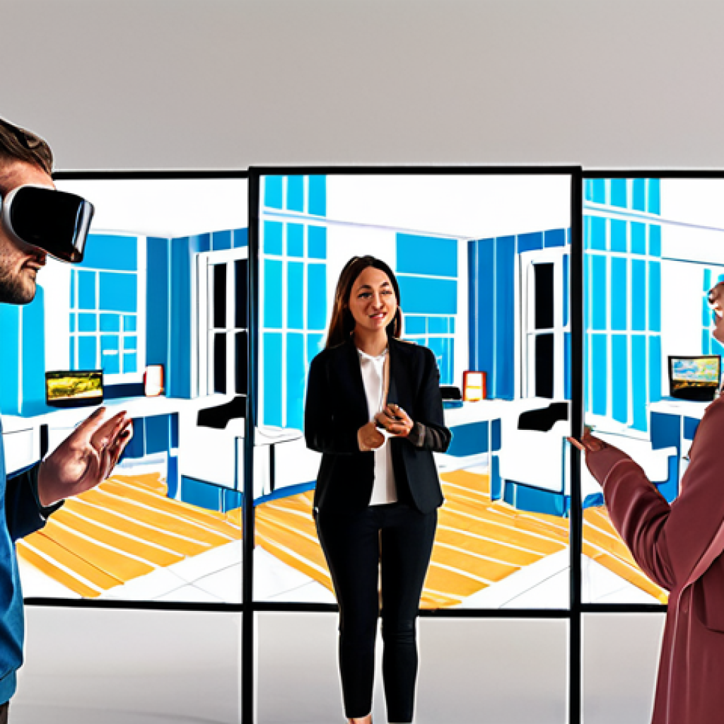 **Prompt 1:** A vibrant, futuristic depiction of real estate transactions, blending digital and physical elements. In the foreground, a diverse group of people are seen effortlessly browsing properties on large, transparent touchscreens and through VR headsets, showcasing virtual tours and 3D models of homes. Behind them, a global network of interconnected properties glows, symbolizing transparency and accessibility across borders. The overall scene should evoke a sense of convenience, speed, and trust in the digital real estate market, with sleek, modern interfaces and a bright, optimistic color palette, reflecting a "one-click access" to properties worldwide.