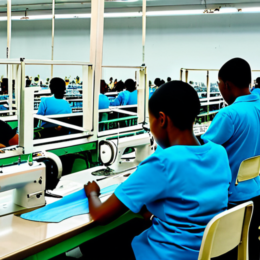 Textile Industry Success**
A busy garment factory in Haiti, fully clothed workers operating sewing machines, finished products being inspected. Bright lighting, organized workspace, "Made in Haiti" labels visible. Professional atmosphere, demonstrating quality and efficiency. Safe for work, appropriate content, fully clothed. High-quality photograph, perfect anatomy, natural proportions.
**
