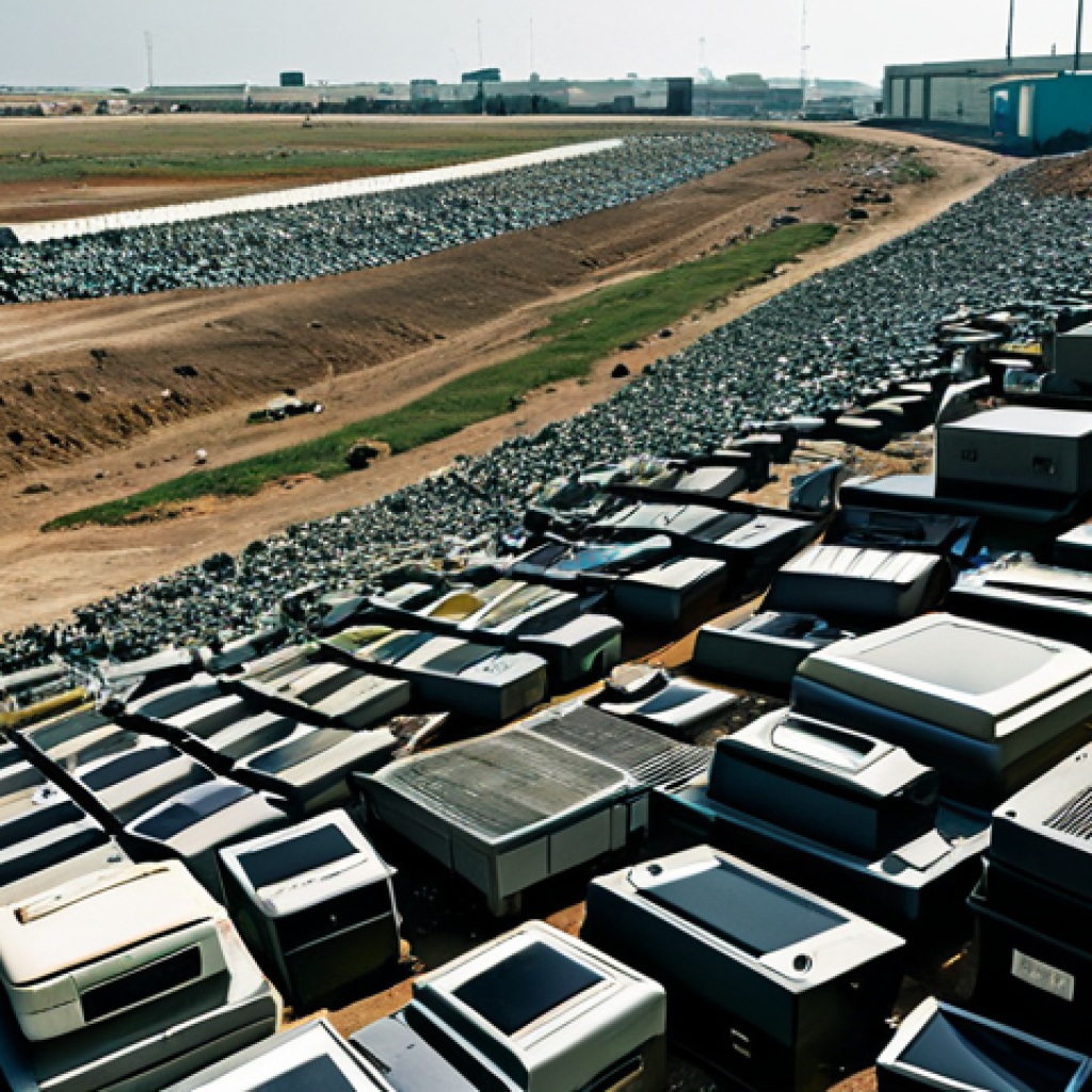 E-waste Landscape**

Prompt: A vast, desolate landscape covered in discarded computers, phones, and electronic components.  Focus on the textures of decaying plastic and metal.  Dusty, muted colors dominate the scene.  In the distance, a recycling facility offers a glimmer of hope.  Emphasis on the sheer volume of e-waste and the environmental challenge.  Safe for work, appropriate content, fully clothed (no human subjects), professional, environmental awareness, high quality, detailed textures, dramatic lighting.

**