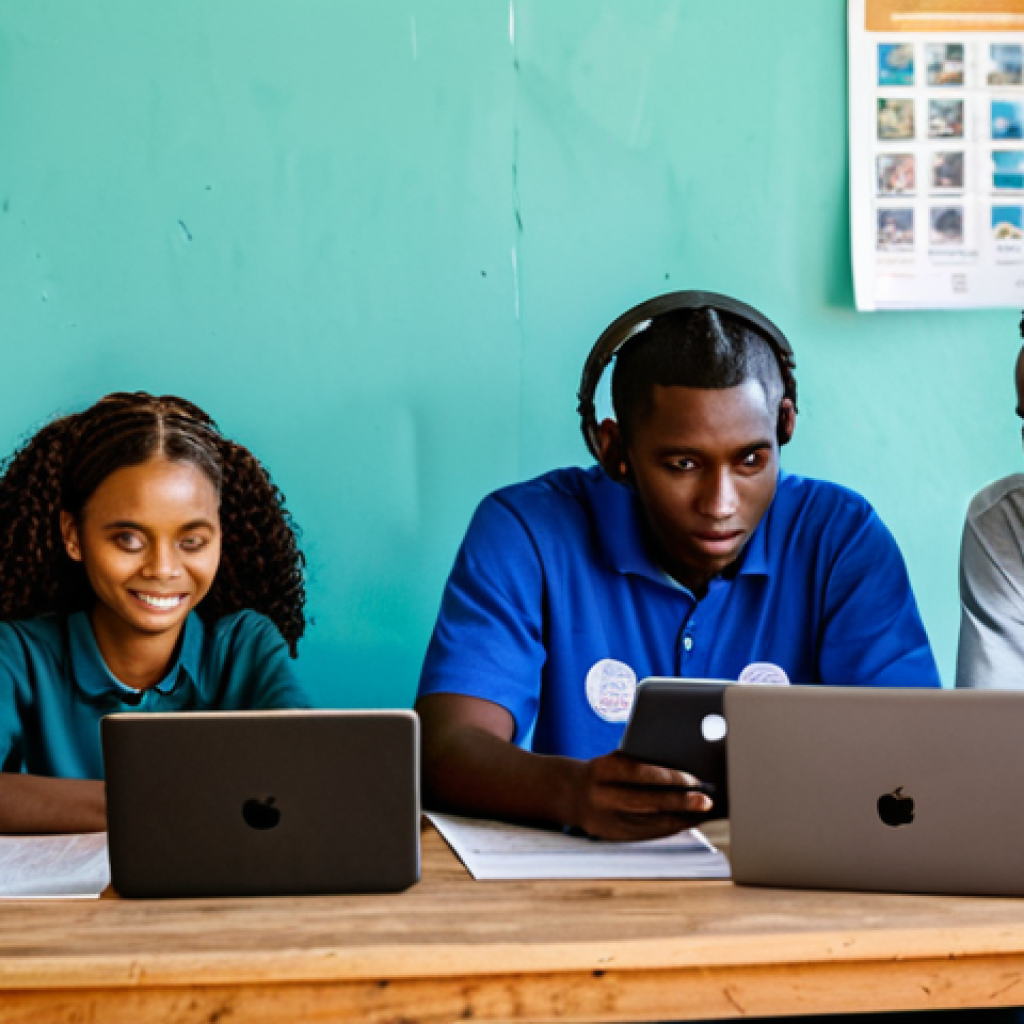 **

"A group of young Haitian adults, fully clothed in modest, everyday clothing, gathered around a table using laptops and smartphones. They are in a brightly lit community center, engaged in an online learning session. Background includes posters promoting digital literacy. Safe for work, appropriate content, family-friendly, professional quality, perfect anatomy, correct proportions, natural pose."

**
