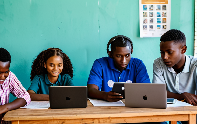 **

"A group of young Haitian adults, fully clothed in modest, everyday clothing, gathered around a table using laptops and smartphones. They are in a brightly lit community center, engaged in an online learning session. Background includes posters promoting digital literacy. Safe for work, appropriate content, family-friendly, professional quality, perfect anatomy, correct proportions, natural pose."

**