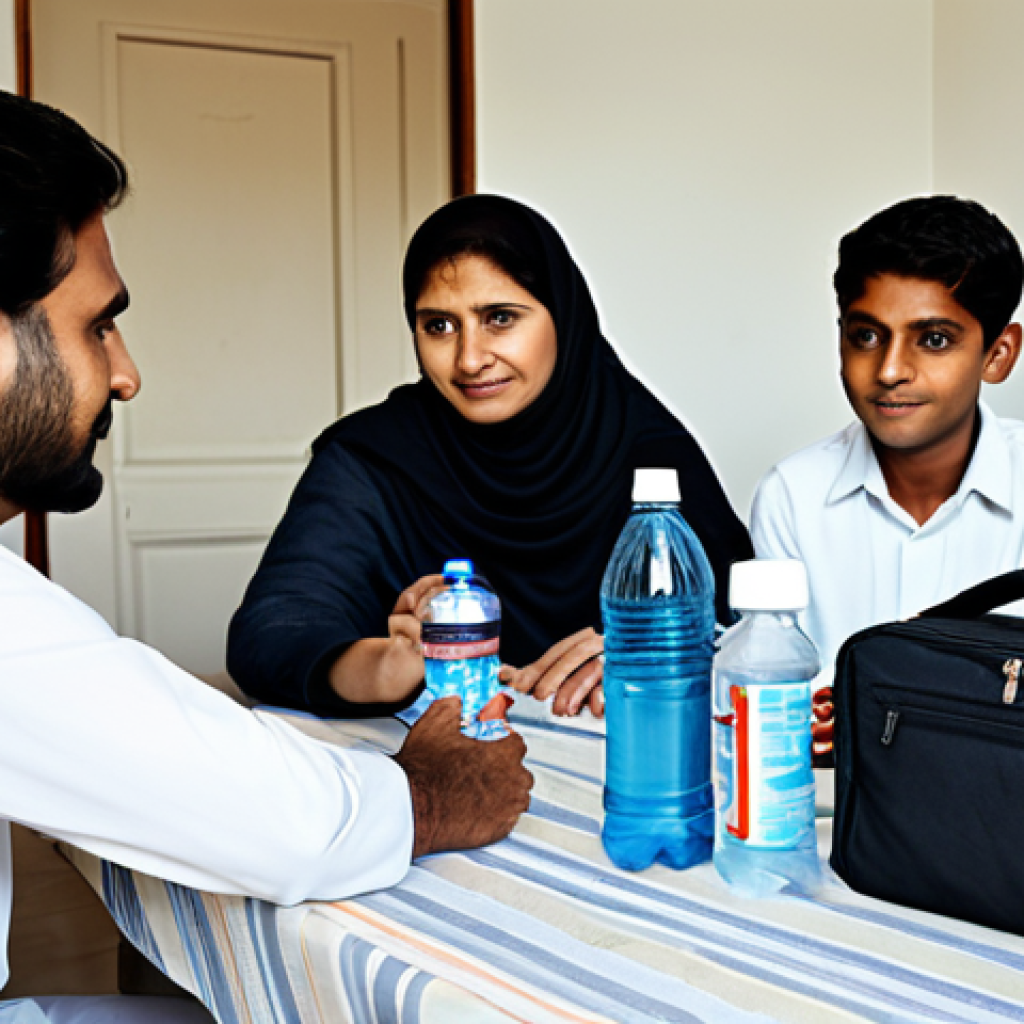 Family Preparedness Kit**

"A family, fully clothed in modest Pakistani attire, is gathered around a table assembling an emergency preparedness kit. The kit contains water bottles, non-perishable food items, a first-aid kit, and a battery-powered radio. The setting is a clean, well-lit home interior. Safe for work, appropriate content, professional, family-friendly, perfect anatomy, correct proportions, natural pose, well-formed hands, proper finger count, natural body proportions."

**
