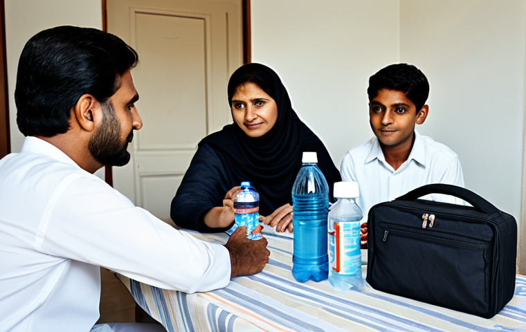 Family Preparedness Kit**

"A family, fully clothed in modest Pakistani attire, is gathered around a table assembling an emergency preparedness kit. The kit contains water bottles, non-perishable food items, a first-aid kit, and a battery-powered radio. The setting is a clean, well-lit home interior. Safe for work, appropriate content, professional, family-friendly, perfect anatomy, correct proportions, natural pose, well-formed hands, proper finger count, natural body proportions."

**