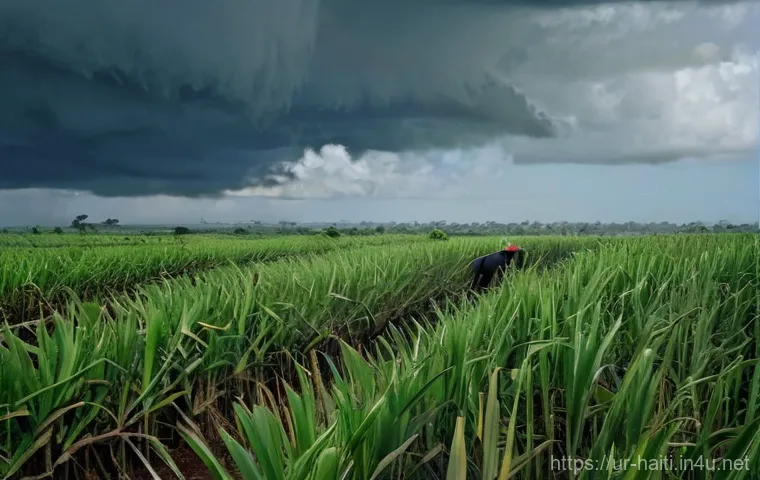 아이티 프랑스 식민지 시절 - **Prompt 1: The Toil of the Sugar Fields**
"A vast, sun-drenched sugar cane plantation in 18th-c...