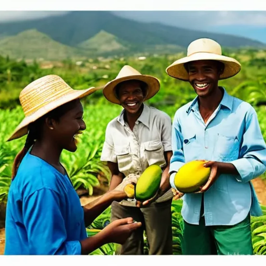 아이티에서 성공한 한인 사업가 사례 - Collaborative Harvest at a Haitian Community Farm**
**Prompt:** A vibrant, sun-drenched scene on a ...