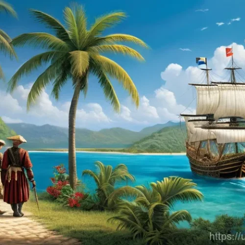 Home 27 아이티와 유럽 국가들의 역사적 연결점 - **Prompt 1: The Dawn of a New Era in Hispaniola**
"A wide-angle, historically inspired painting ...