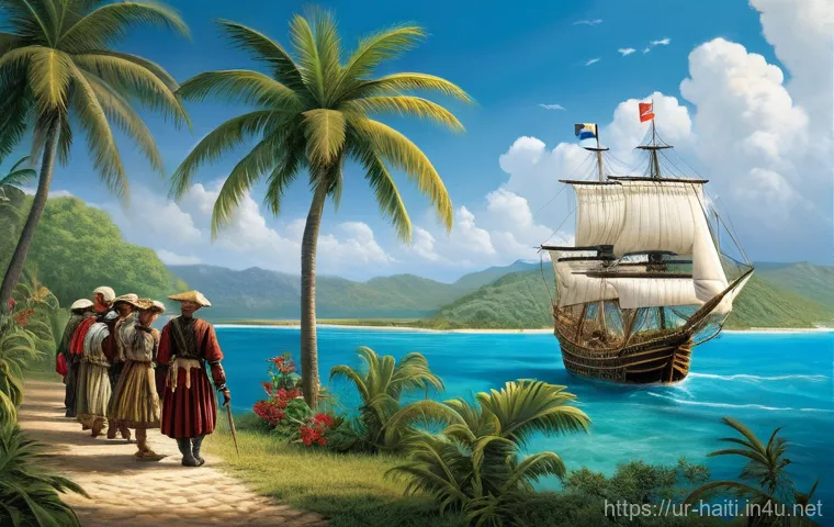 아이티와 유럽 국가들의 역사적 연결점 - **Prompt 1: The Dawn of a New Era in Hispaniola**
    "A wide-angle, historically inspired painting ...