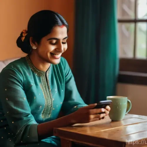 Home 25 아이티에서 해외 송금 및 은행 시스템 - **Prompt 1: Digital Comfort and Connection**
"A candid, warm scene depicting a South Asian woman...