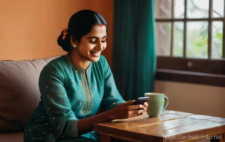 아이티에서 해외 송금 및 은행 시스템 - **Prompt 1: Digital Comfort and Connection**
"A candid, warm scene depicting a South Asian woman...